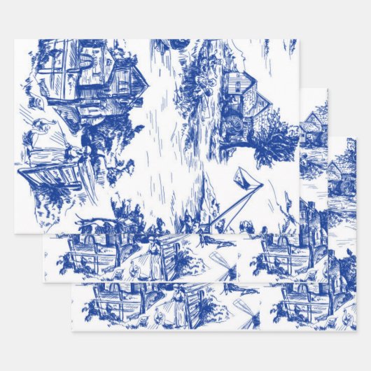 Blauw Frans Toile Ronde Inpakpapier Vel (Set)