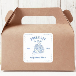 Blauw Fresh Off The Market Bruiloftsborrel Vierkante Sticker