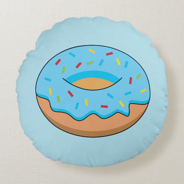 Blauw Frosted Donut met Sprinkles Cartoon Rond Kussen (Voorkant)
