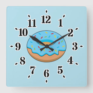 Blauw Frosted Donut met Sprinkles Cartoon Vierkante Klok