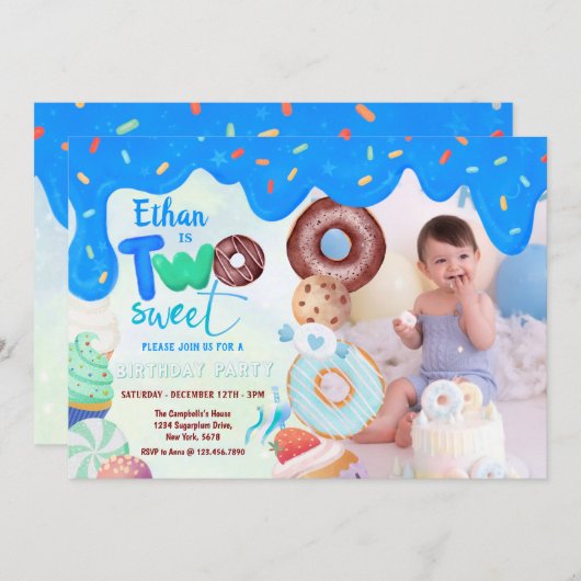 Blauw Frosting Two Sweet Boy Donut Verjaardag Kaart (Voorkant / Achterkant)