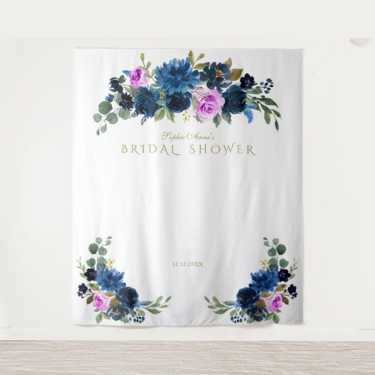 Blauw Fuchsia Bloem Bruidsfeest Fotohokje Prop Wandkleed (Voorkant)