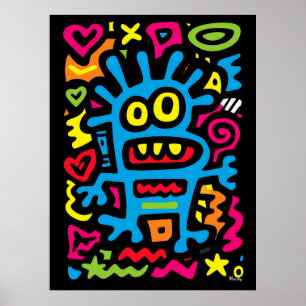 Blauw Funky Buitenaards Wezen – Neon Pop Art Excen Poster