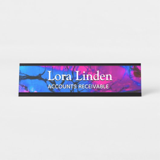 Blauw Fuscia Acrylic Flow Kunstbureau Bureau Naambordje (Voorkant)