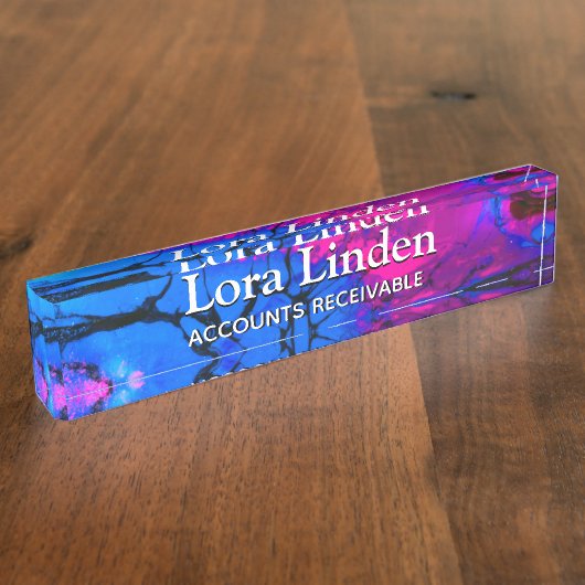 Blauw Fuscia Acrylic Flow Kunstbureau Naambordje (Zijkant)