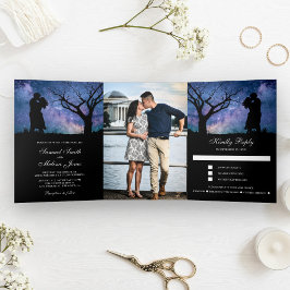 Blauw Galaxy Romantisch Koppel Foto Bruiloft Drieluik Uitnodiging