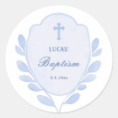 Blauw gebladerte kam doop ronde sticker (Voorkant)