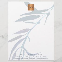 Blauw gebladerte metallisch goud koper monogrammed briefhoofd