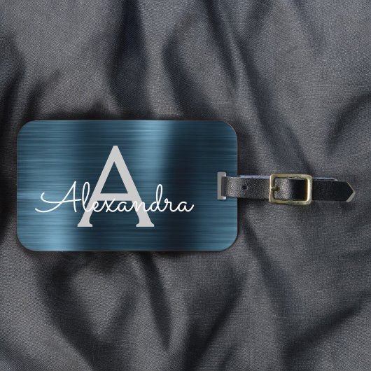 Blauw geborsteld Metaal Monogram Naam en Initiaal Bagagelabel