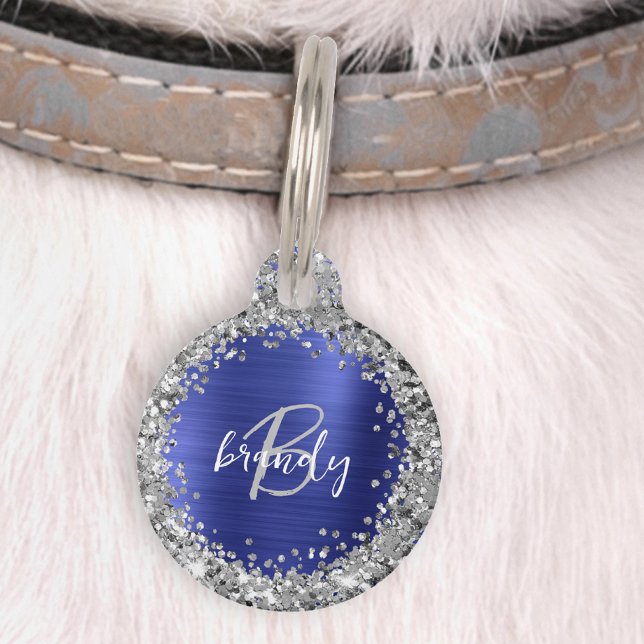 Blauw Geborsteld Metaal Zilver Glitter Monogram  Huisdierpenning (Creator heeft geüpload)