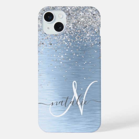 Blauw Geborsteld Metaal Zilver Glitter Monogram Na iPhone Hoesje (Achterkant)