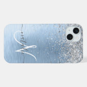 Blauw Geborsteld Metaal Zilver Glitter Monogram Na iPhone Hoesje (Achterkant horizontaal)