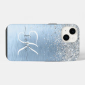Blauw Geborsteld Metaal Zilver Glitter Monogram Na iPhone Hoesje (Achterkant horizontaal)