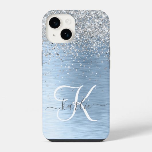 Blauw Geborsteld Metaal Zilver Glitter Monogram Na iPhone Hoesje (Achterkant)