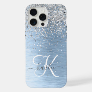 Blauw Geborsteld Metaal Zilver Glitter Monogram Na iPhone 15 Pro Max Case