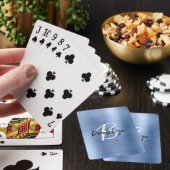 Blauw geborsteld metaal zwart wit schrift monogram pokerkaarten (Insitu)