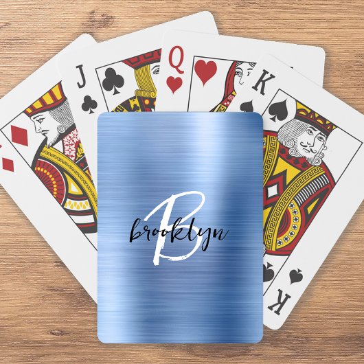 Blauw geborsteld metaal zwart wit schrift monogram pokerkaarten