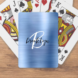Blauw geborsteld metaal zwart wit schrift monogram pokerkaarten