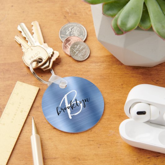 Blauw Geborsteld Metaal Zwart Wit Schrift Monogram Sleutelhanger (Bureau)