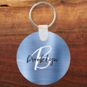 Blauw Geborsteld Metaal Zwart Wit Schrift Monogram Sleutelhanger (Voorkant)