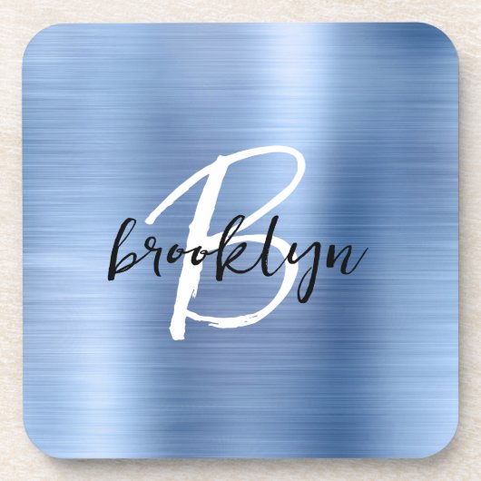 Blauw geborsteld metaal zwart wit script monogram bier onderzetter (Voorkant)