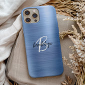 Blauw geborsteld metaal zwart wit script monogram Case-Mate iPhone case