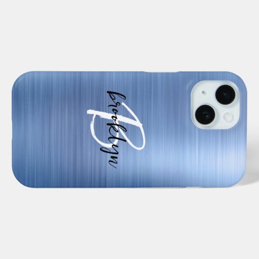 Blauw geborsteld metaal zwart wit script monogram Case-Mate iPhone case (Achterkant (horizontaal))