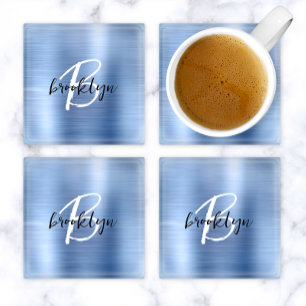 Blauw geborsteld metaal zwart wit script monogram glazen onderzetter