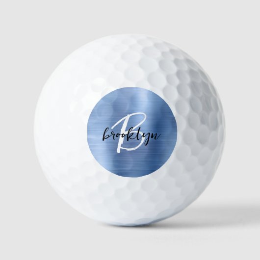 Blauw geborsteld metaal zwart wit script monogram golfballen (Voorkant)