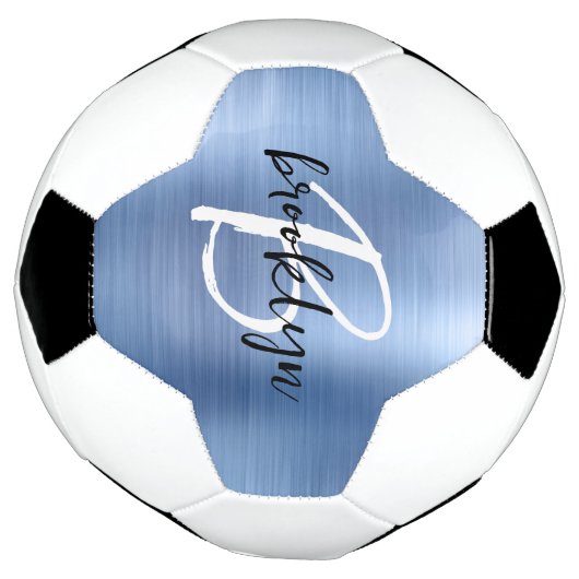 Blauw geborsteld metaal zwart wit script monogram voetbal (Gedraaid)