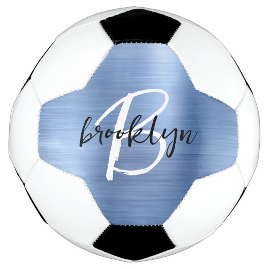 Blauw geborsteld metaal zwart wit script monogram voetbal (Voorkant)
