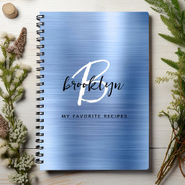 Blauw geborsteld metalen monogram receptenboek notitieboek