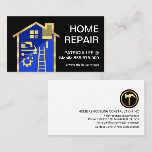 Blauw Gebouw Lijst Gouden Handyman Gereedschap Visitekaartje (Voorkant / Achterkant)