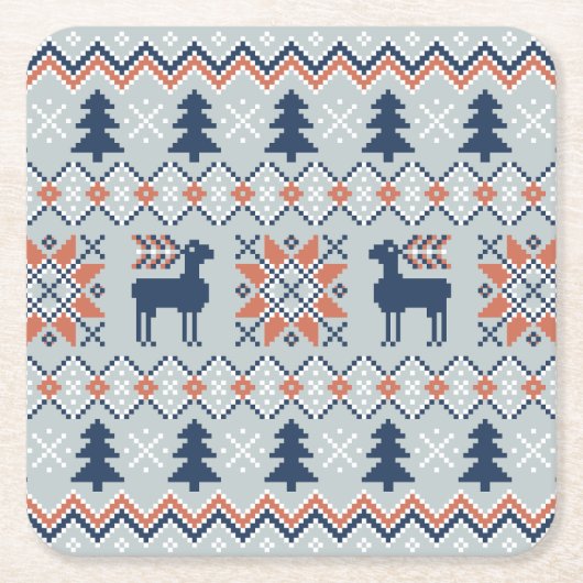 Blauw gebreide kersttrui rendierpatroon kartonnen onderzetters (Voorkant)
