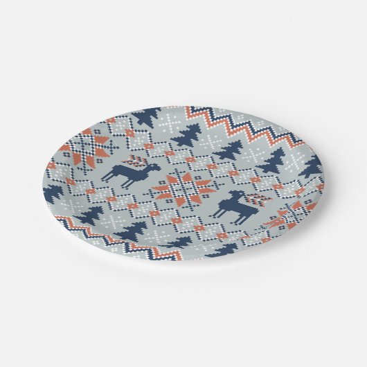 Blauw gebreide kersttrui rendierpatroon papieren bordje (Gekanteld)