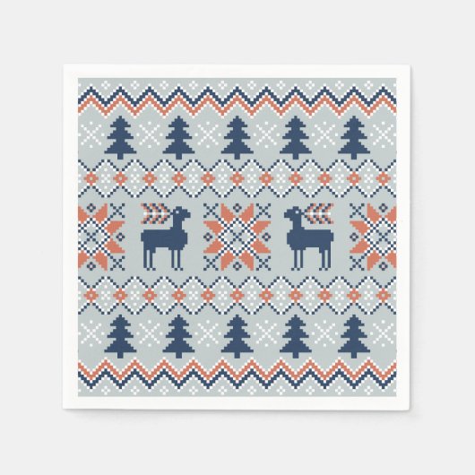 Blauw gebreide kersttrui rendierpatroon servet (Voorkant)