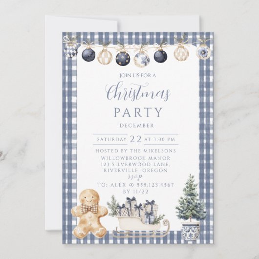 Blauw Gebruinde Gingham Kerstmis Kaart (Voorkant)