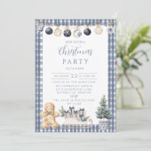 Blauw Gebruinde Gingham Kerstmis Kaart (Staand voorkant)