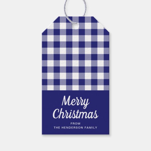 Blauw gecontroleerd script kerst cadeaulabel (Voorkant)