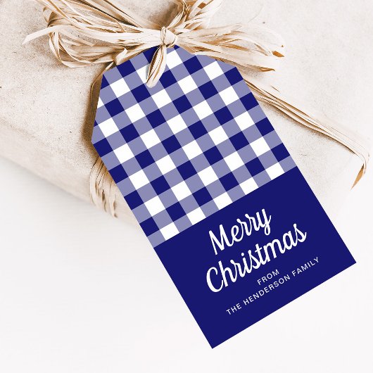 Blauw gecontroleerd script kerst cadeaulabel