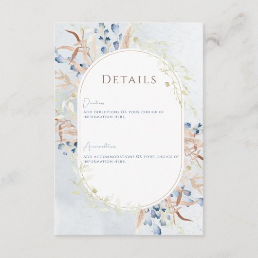 Blauw Gedroogde Boho Bloemen Blauw Bruiloft Detail Informatiekaartje (Voorkant)