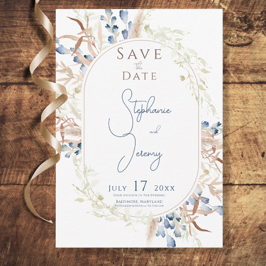 Blauw Gedroogde Boho Bloemen Witte Bruiloft Save The Date