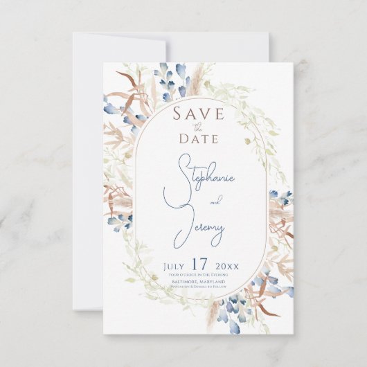 Blauw Gedroogde Boho Bloemen Witte Bruiloft Save The Date (Voorkant)