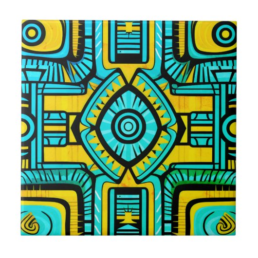 Blauw Geel abstract patroon Tegeltje (Voorkant)