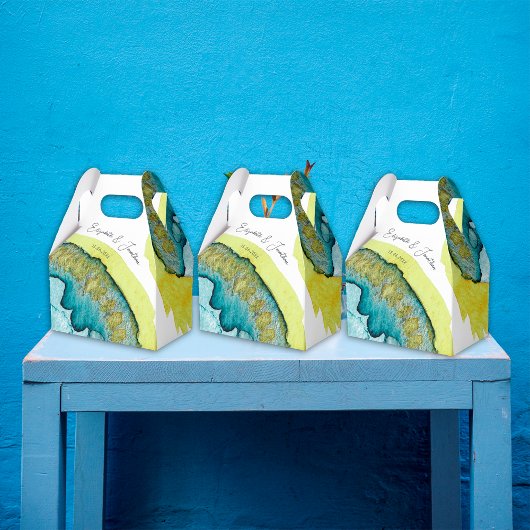 Blauw Geel Abstract Waterverf Kunst Unieke Bruilof Bedankdoosjes