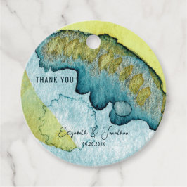 Blauw Geel Abstract Waterverf Kunst Unieke Bruilof Bedankjes Labels