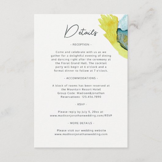 Blauw Geel Abstract Waterverf Kunst Unieke Bruilof Informatiekaartje (Voorkant)