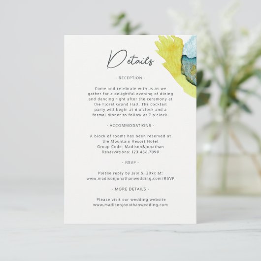 Blauw Geel Abstract Waterverf Kunst Unieke Bruilof Informatiekaartje (Staand voorkant)