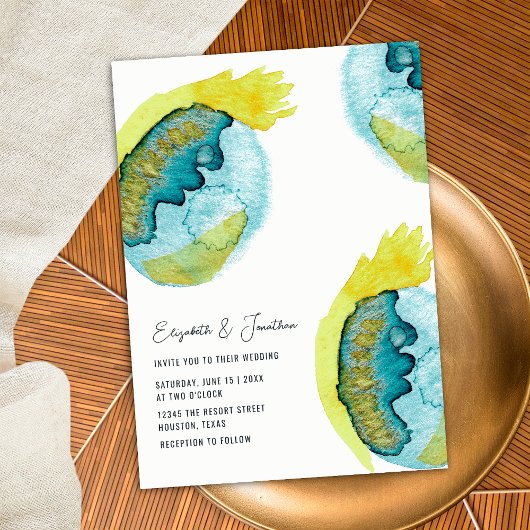 Blauw Geel Abstract Waterverf Kunst Unieke Bruilof Kaart