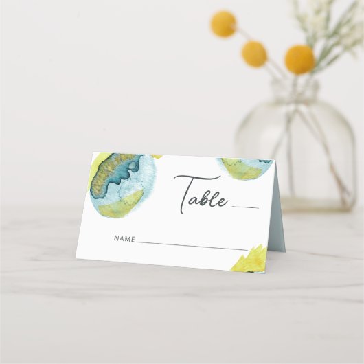 Blauw Geel Abstract Waterverf Kunst Unieke Bruilof Plaatskaartje (Voorkant)